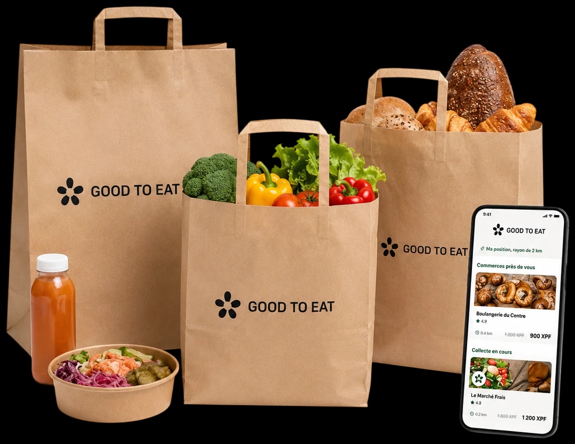 Des sacs Good To Eat remplis de légumes, de pain et d'un bol de poke, à côté d'un téléphone montrant l'application.