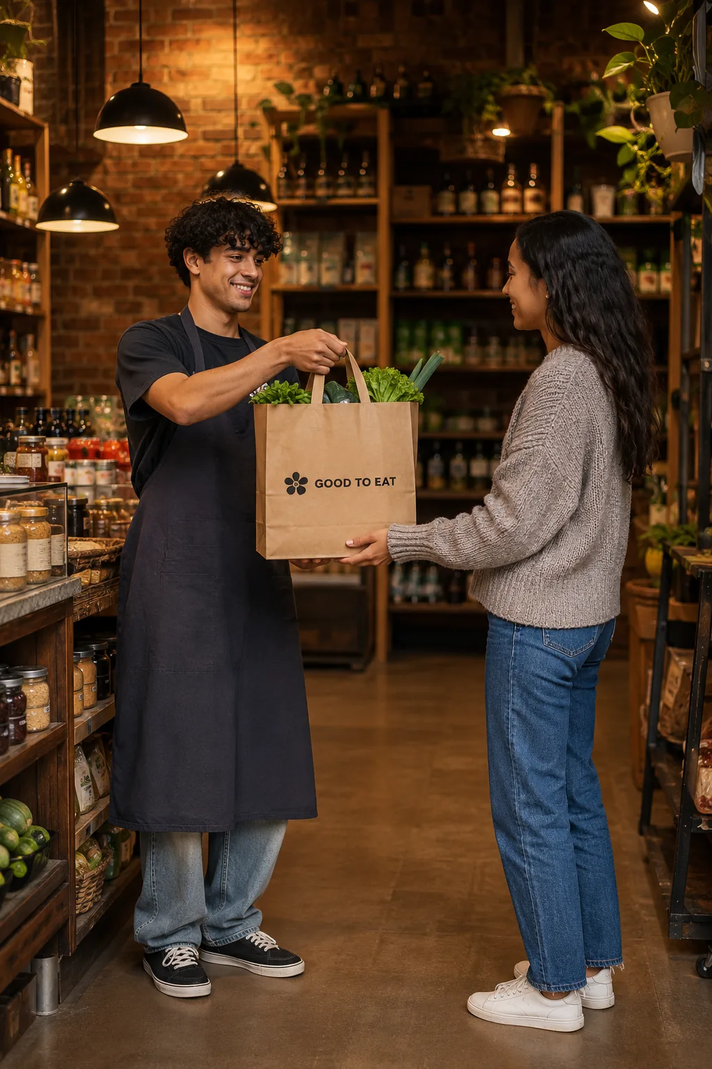 Un commerçant remet un sac Good To Eat garni à une cliente, dans son épicerie.