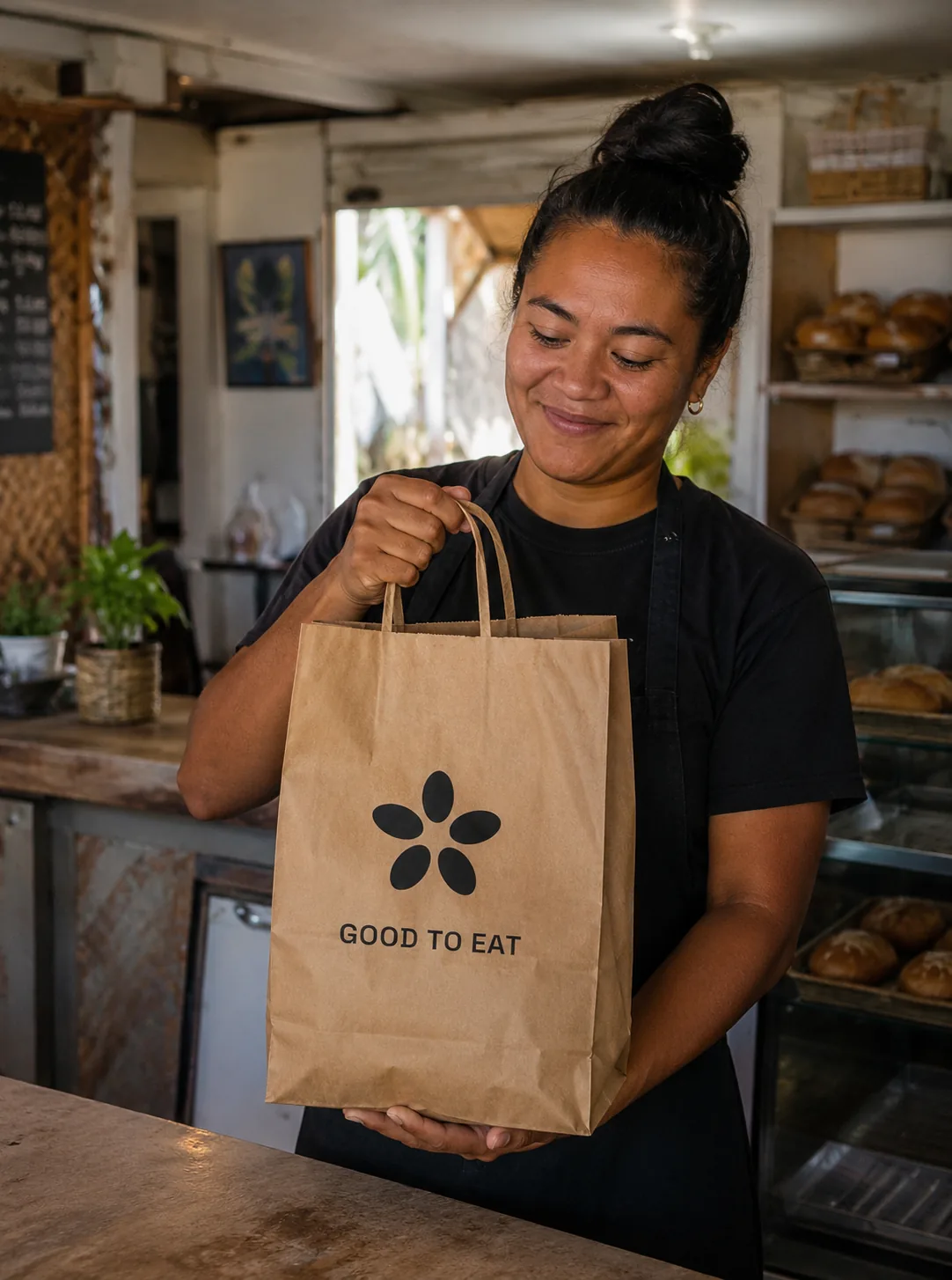 Une commerçante souriante tient un panier Good To Eat derrière le comptoir de sa boulangerie.