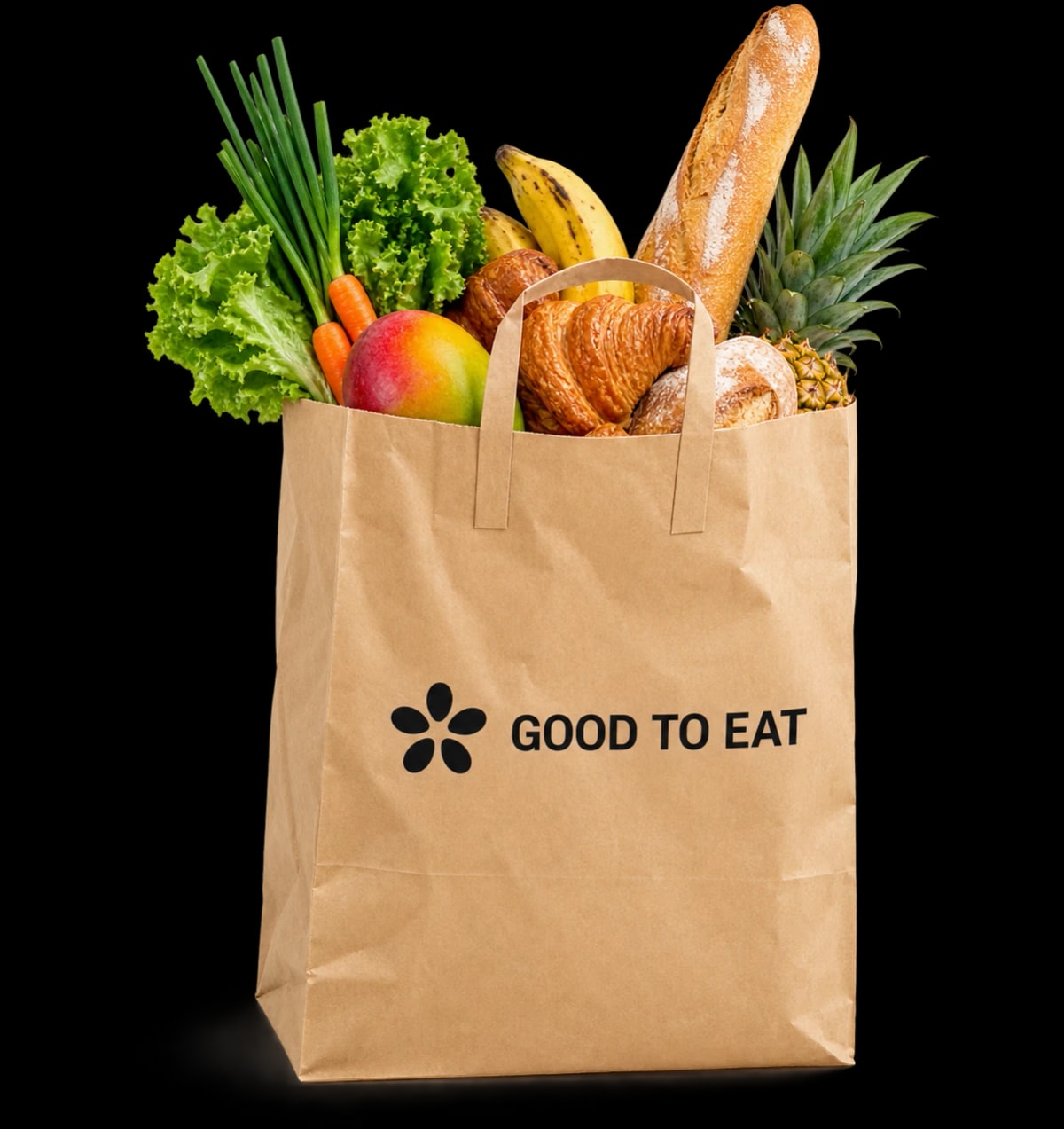 Un sac Good To Eat garni de pain, de légumes et de fruits.