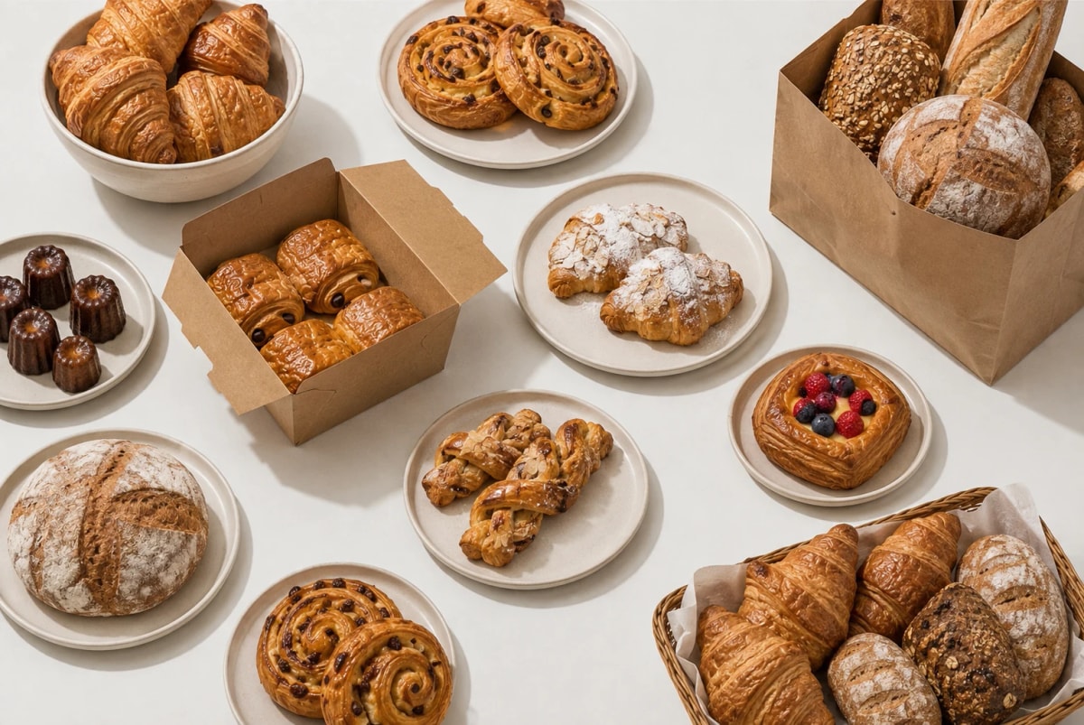 Un assortiment de viennoiseries en fin de journée, dans sa vitrine.