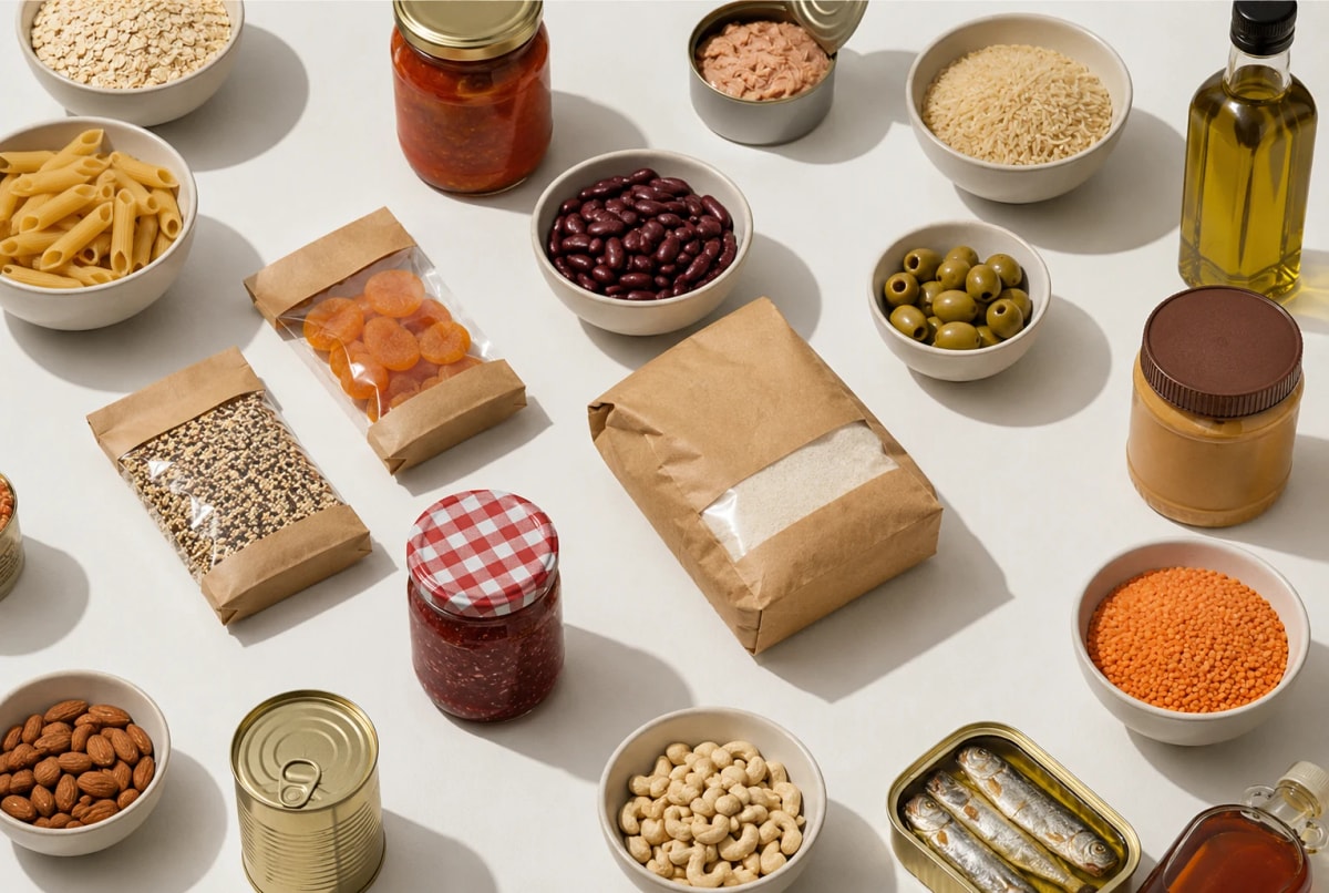 Des produits d’épicerie proches de leur date, alignés sur une table.