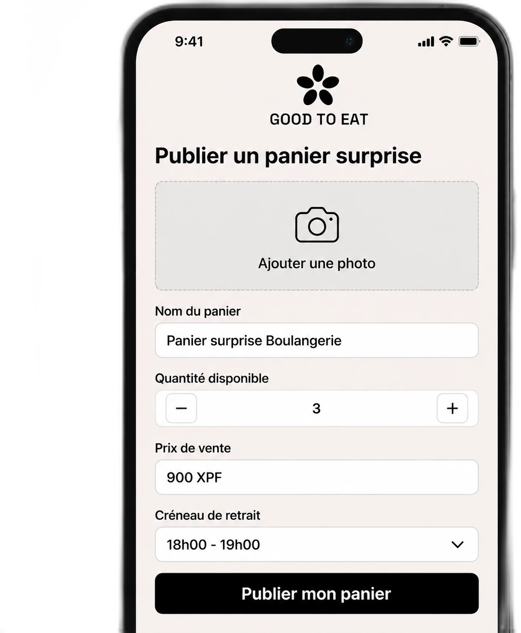 L’espace pro Good To Eat ouvert sur l’écran « Publier un panier surprise » : nom, quantité, prix de vente et créneau de retrait.
