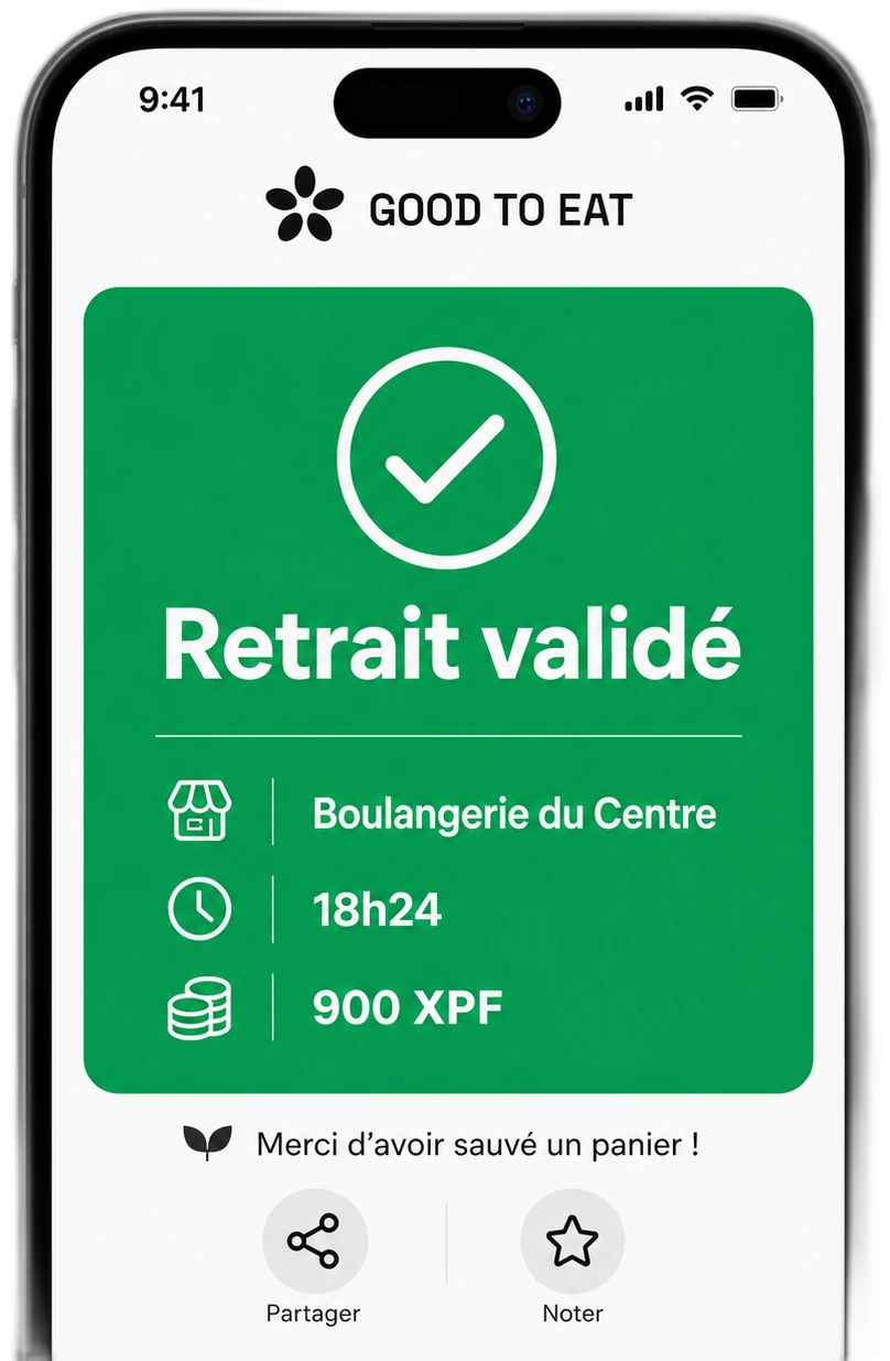L’app Good To Eat sur l’écran vert « Retrait validé » : Boulangerie du Centre, 18h24, 900 XPF.