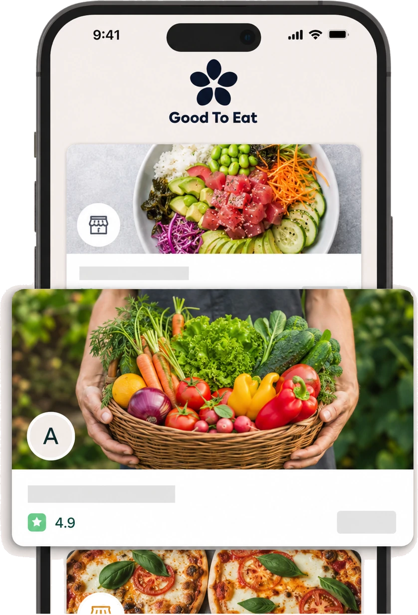 L’app Good To Eat ouverte sur le fil des paniers du jour, un panier de légumes en vedette.