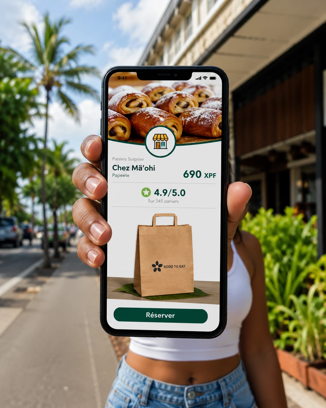 Une main tient un téléphone montrant l’app Good To Eat ouverte sur un panier, dans une rue de Papeete.