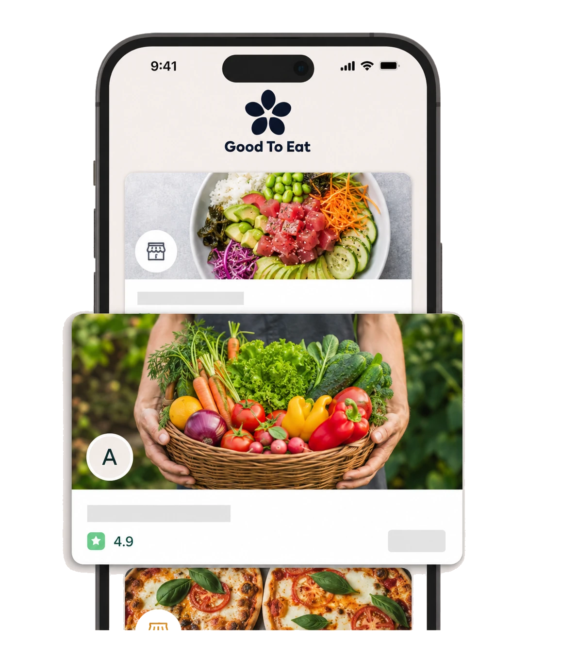 L’app ouverte sur Découvrir : le fil de paniers du jour, un panier de légumes et une note de commerce.
