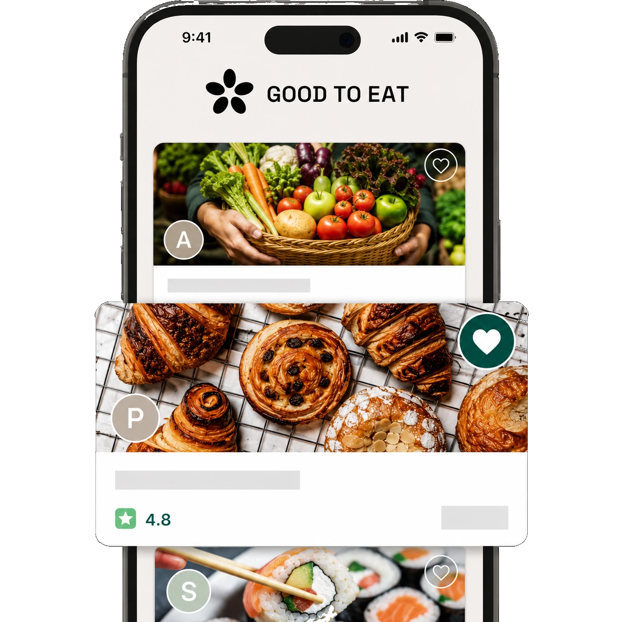 L’app ouverte sur Favoris : la liste des commerces suivis, un cœur rempli sur une fiche.